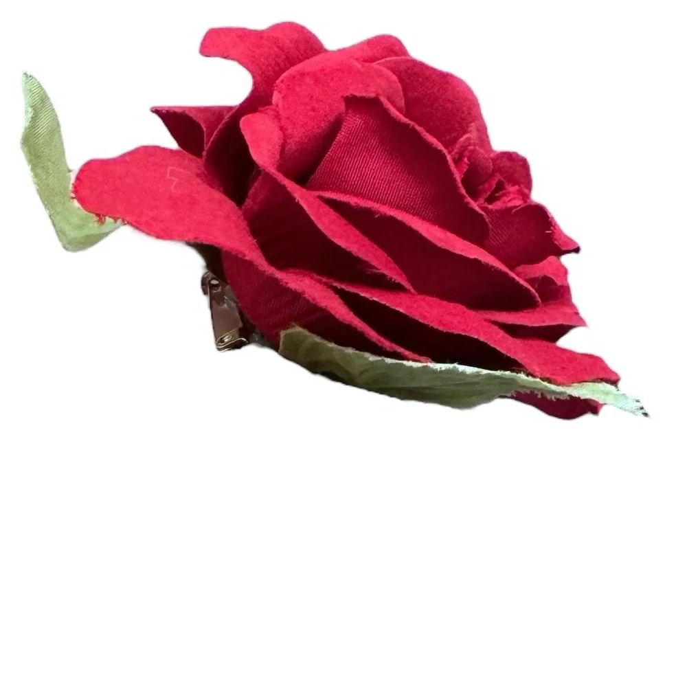 VINTAGE RED FABRIC ROSE FLOWER BROOCH